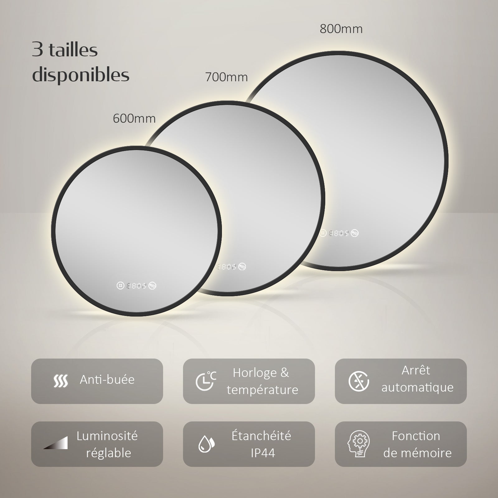 EMKE Okrągłe Lustro łazienkowe z oświetleniem LED 70 cm, z 4300K, możliwość ściemniania, przeciwmgielne, funkcja pamięci, Czarny - 7