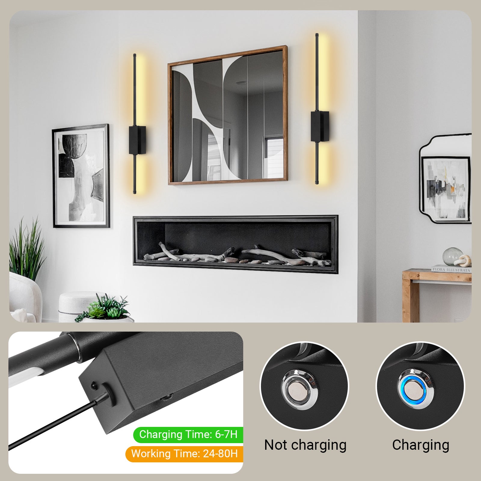 Bezprzewodowa Lampa Ścienna Wnętrz Z Pilotem I Przełącznikiem Dotykowym, 2 Pack 5000mAh LED Lampa Ścienna Ładowana USB 3 barwy światła, Timer 71CM - 8