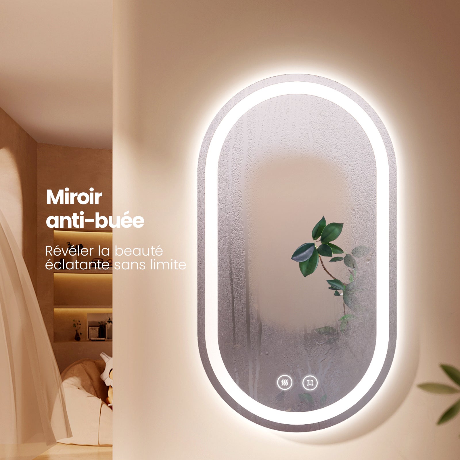 EMKE Owalne Lustro łazienkowe z oświetleniem LED 90x50 cm, z 3 barwy światła, możliwość ściemniania, przeciwmgielne, funkcja pamięci, IP44 - 4