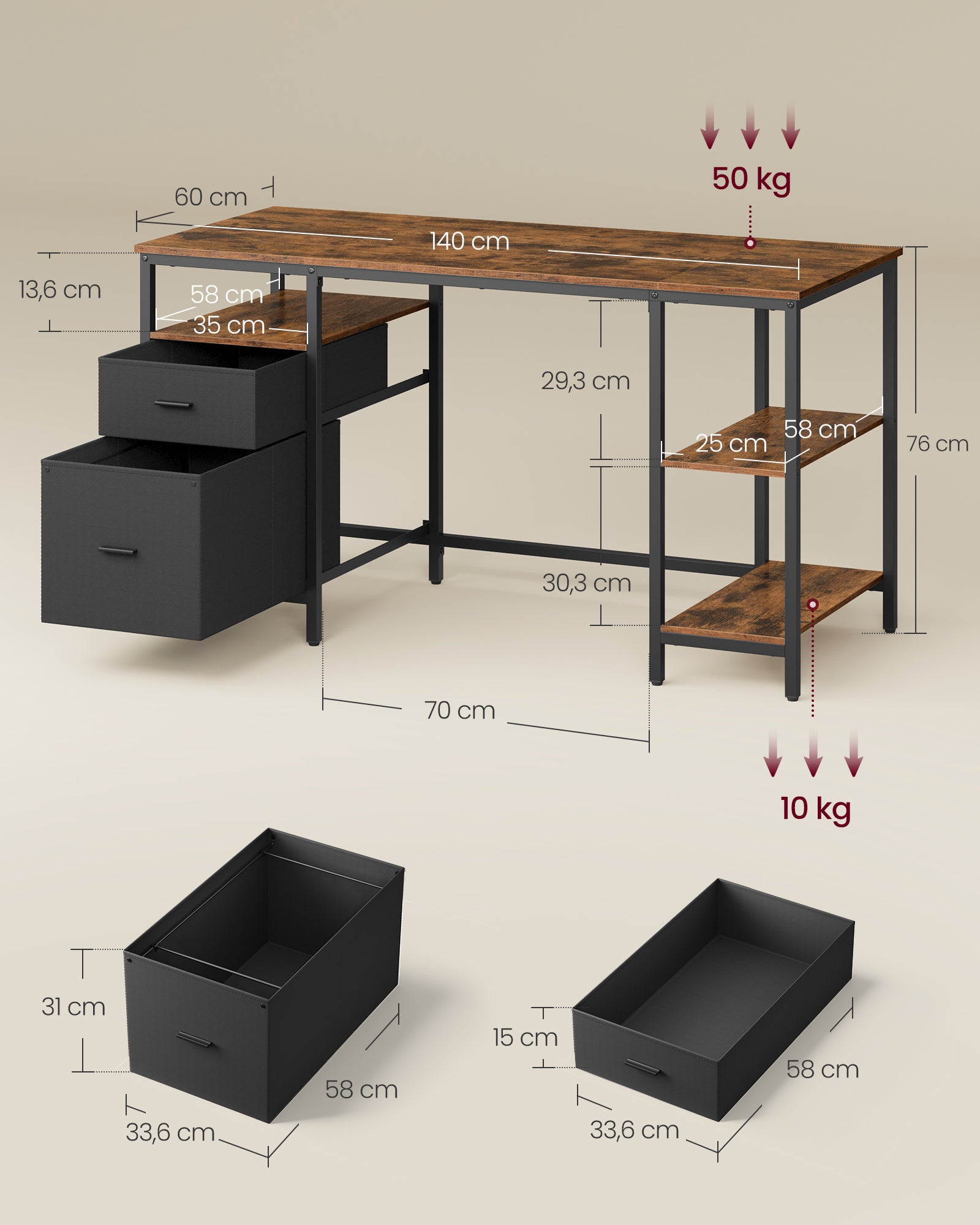 Bureau d’Ordinateur, Table avec Rangement, 3 Étagères, 2 Tiroirs, 60 x 140 x 76 cm, pour Bureau, Salon, Style Industriel, Marron Rustique et Noir - 5
