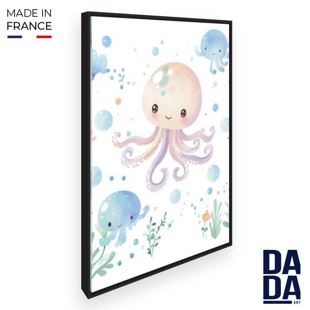 Tableau imprimé et encadré pour enfants 'Pieuvres joyeuses' / 60x90cm / Cadre Noir / Fabriqué en France / Toile murale / DADA ART