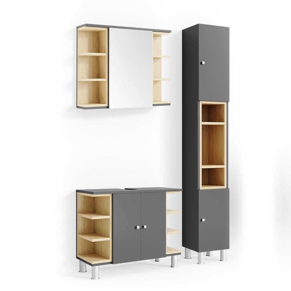 Vicco Zestaw mebli łazienkowych Aquis, Antracyt, 3 części, z modułem wysokim