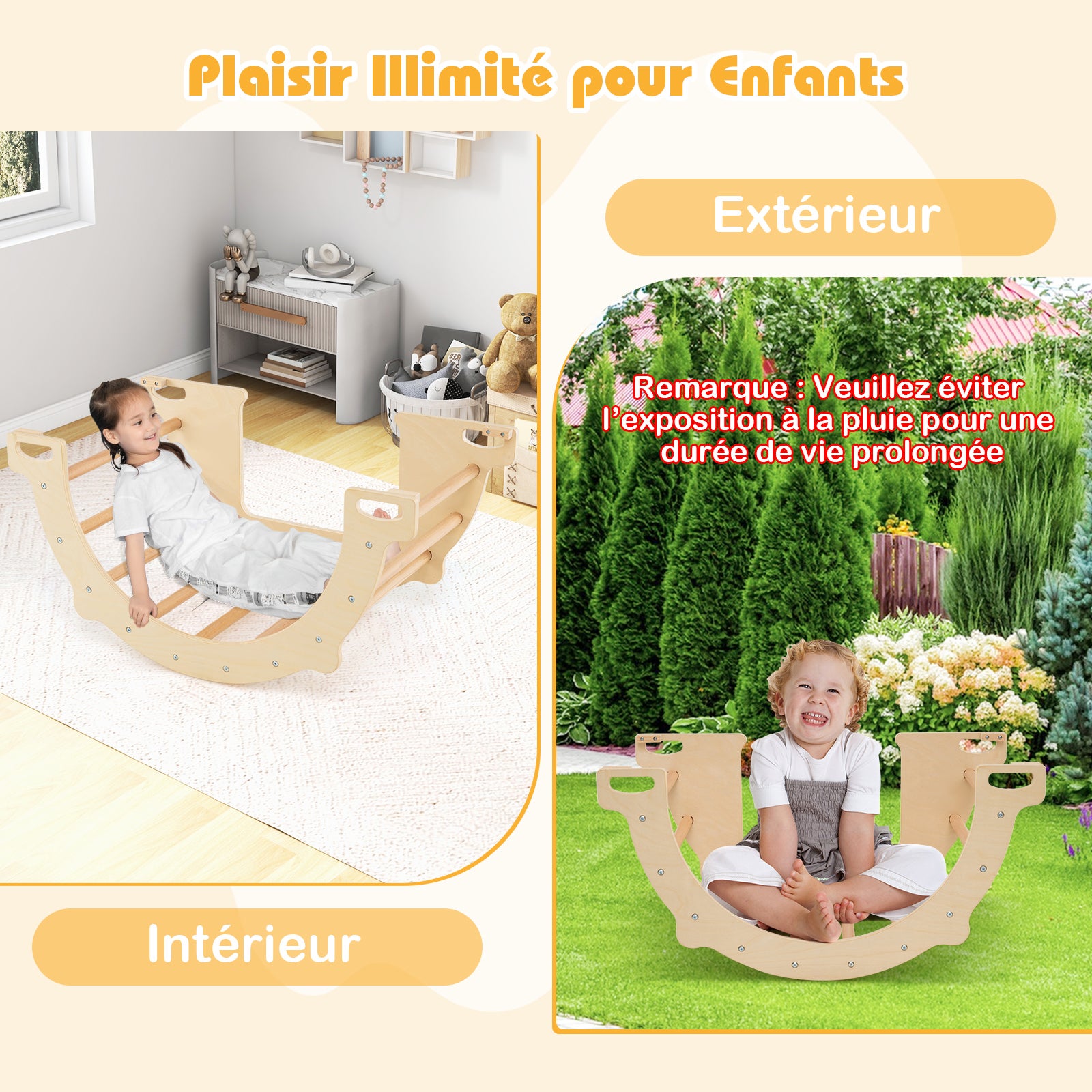 8 en 1 Arche d'escalade Montessori en Bois avec Bac Pliable, Chaise à Bascule Enfant avec Dispositif Anti-basculement,Charge 50kg pour 3 Ans+ - 8