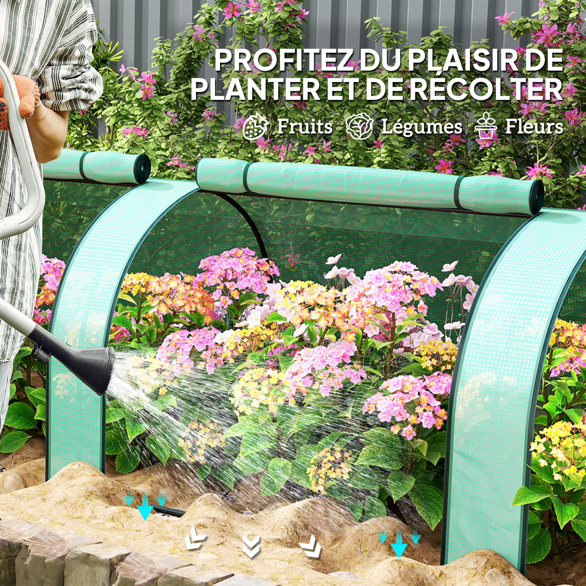 Mini Serre de Jardin tunnel - Outsunny - 3,5 x 1 x 0,8 m - Acier PE Haute densité 140 g/m² - 3 portes nroulables - vert - 7