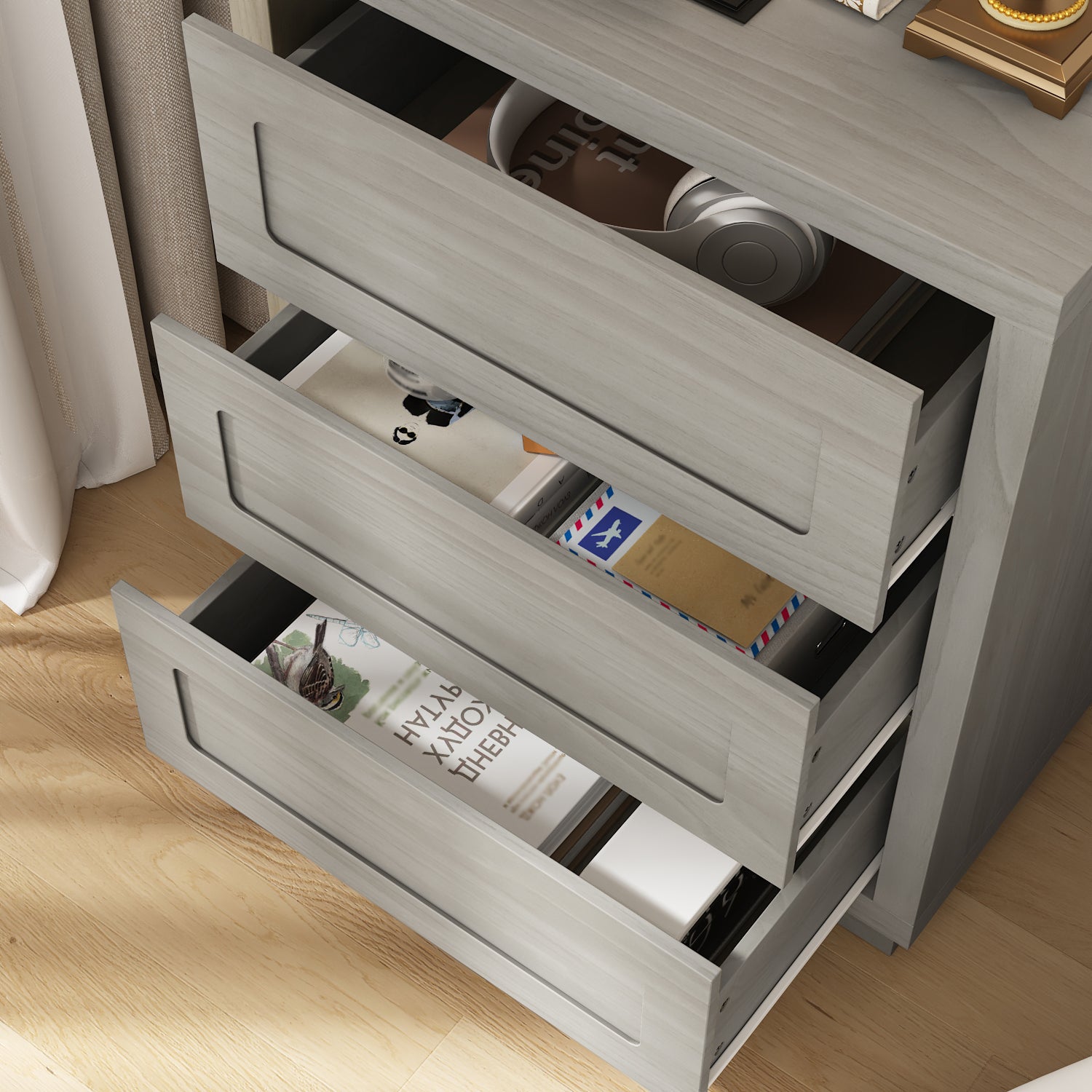 Table de Chevet avec 3 Tiroirs pour Chambre, Petite Commode avec Aspect Bois, 60 x 40 x 76, Gris - 5