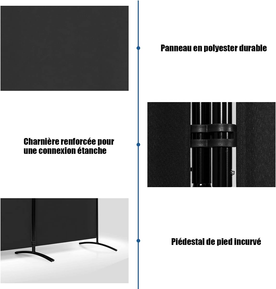 Cloison à 3 Panneaux, Paravent Pliable avec Charnières Résistantes en Acier, Cloison Autoportante, 260 x 183cm (Noir) - 3
