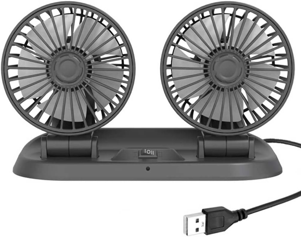 Wentylator samochodowy z podwójną głowicą 5 V z portem USB, obrót poziomy o 360° i pionowy o 180° z regulacją