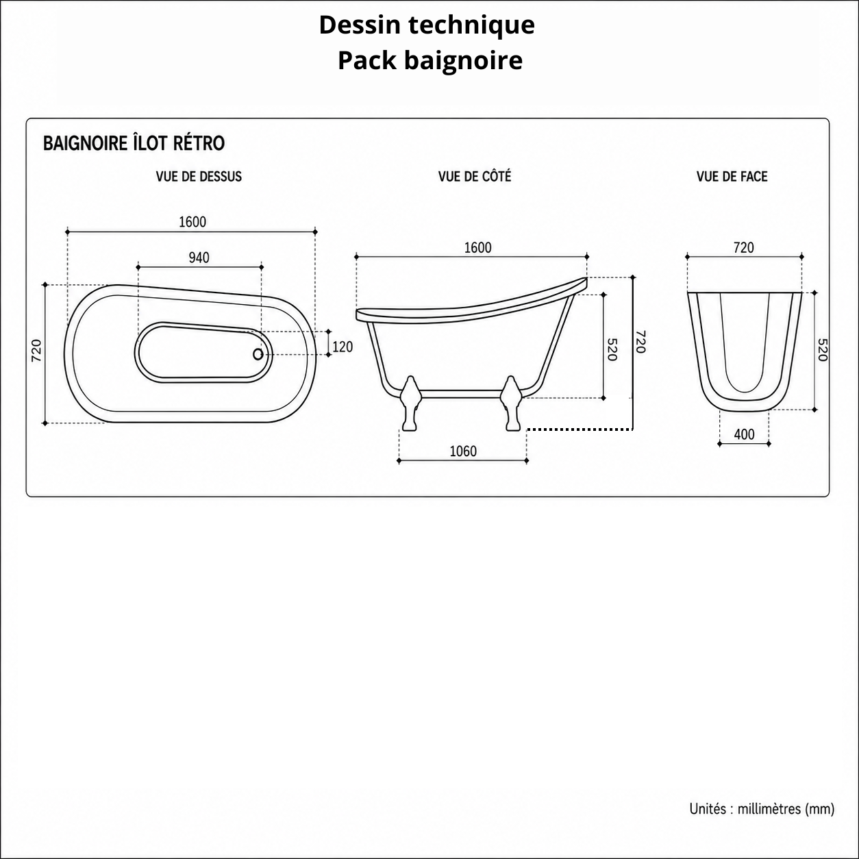Baignoire îlot rétro 160x75 cm - 4 pieds patte de lion Doré Poli - Leona - 5
