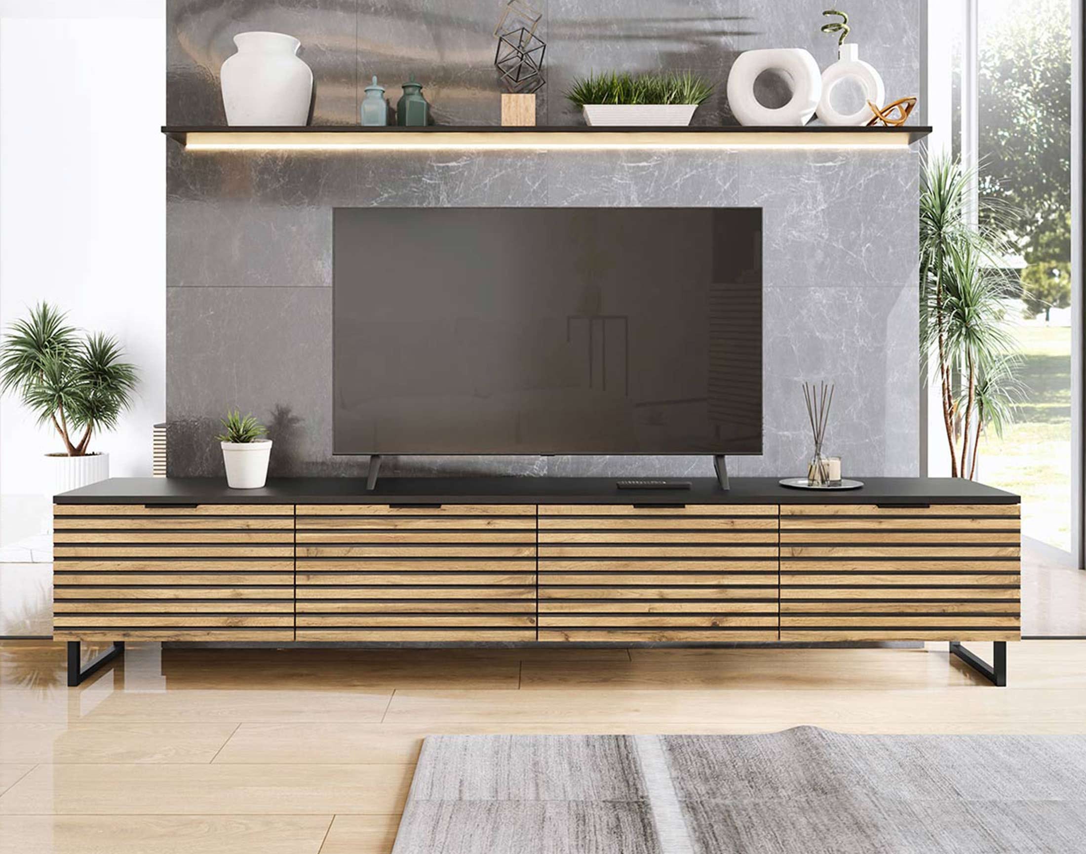 Meuble TV style contemporain 200*33*40 cm noir / bois - OLYMPIE - Best ...