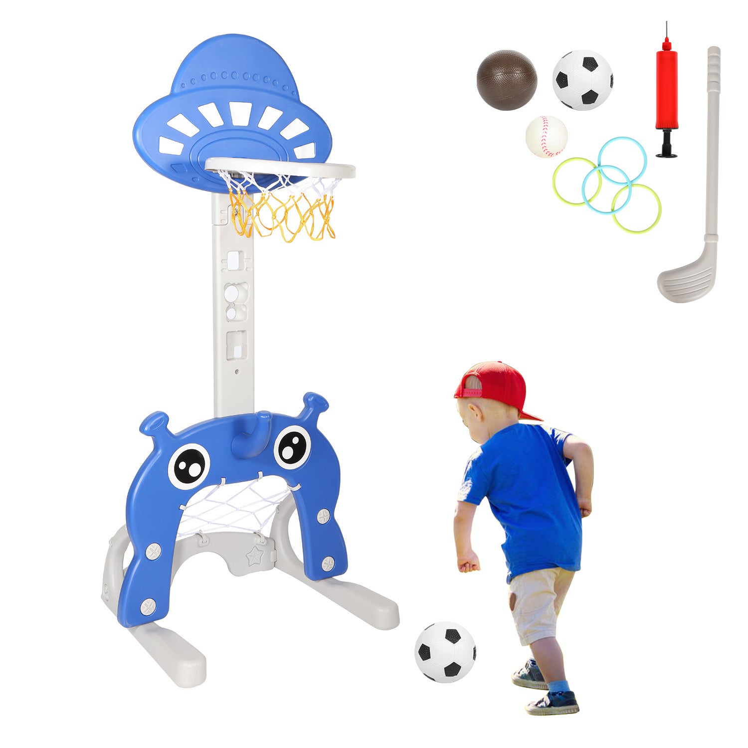 GOPLUS Panier De Basket 3 En 1 Avec Football Et Jeu D'Anneaux - Hauteur Réglable 88-128cm - Enfants 1-6 Ans - Forme Ours
