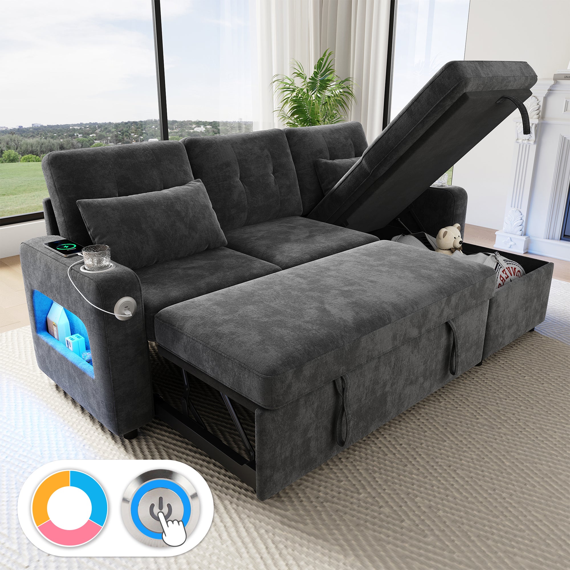 3-osobowa narożna sofa rozkładana ze schowkiem i 2 uchwytami na kubki - 206 x 131 x 85 cm - wzór szenilowy - porty USB i diody LED - szary