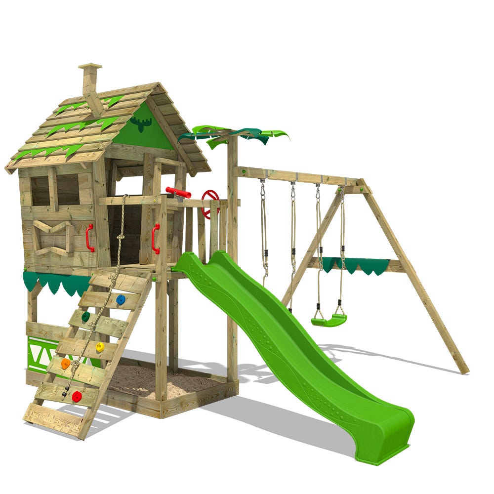 FATMOOSE FruityForest Fun Tour de jeu, taille XXL, avec balançoire et toboggan vert sauge, avec bac à sable, échelle et accessoires de jeu pour le jardin FATMOOSE FruityForest Fun Tour de jeu, taille XXL, avec balançoire et toboggan vert sauge, avec bac à sable, échelle et accessoires de jeu pour le jardin