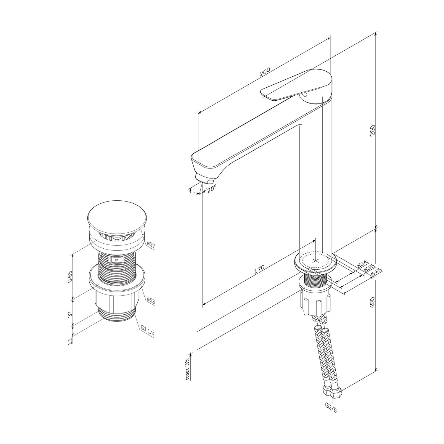 Mitigeur de lavabo, Robinet de Lavabo, avec bonde clic clac, Robinet de lave-mains, Chromé, taille L, FTA92200 AM.PM - 10