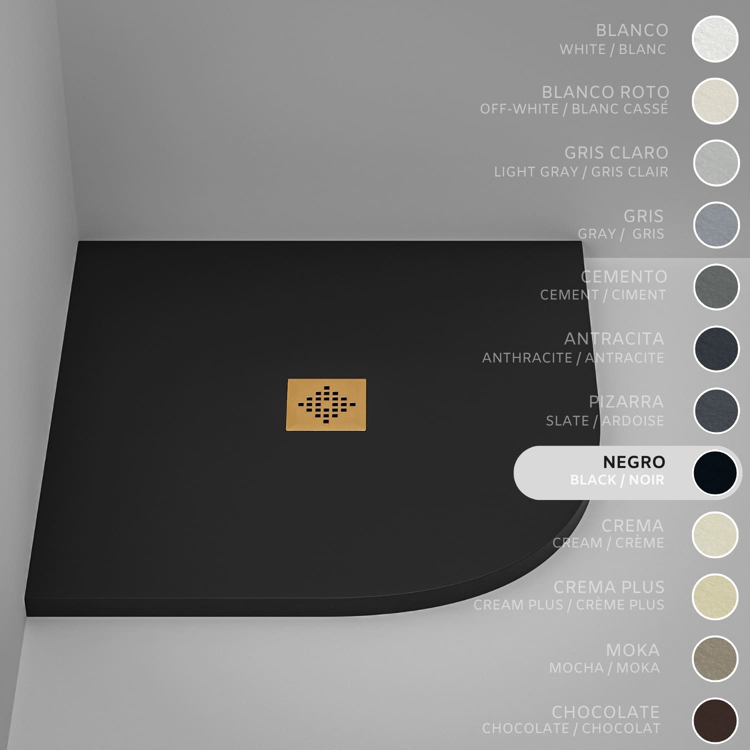 Brodzik półokrągły SOULHOME Żywica i Konglomerat Mineralny Antypoślizgowy 80x80 cm Czarny - Kratka Gold