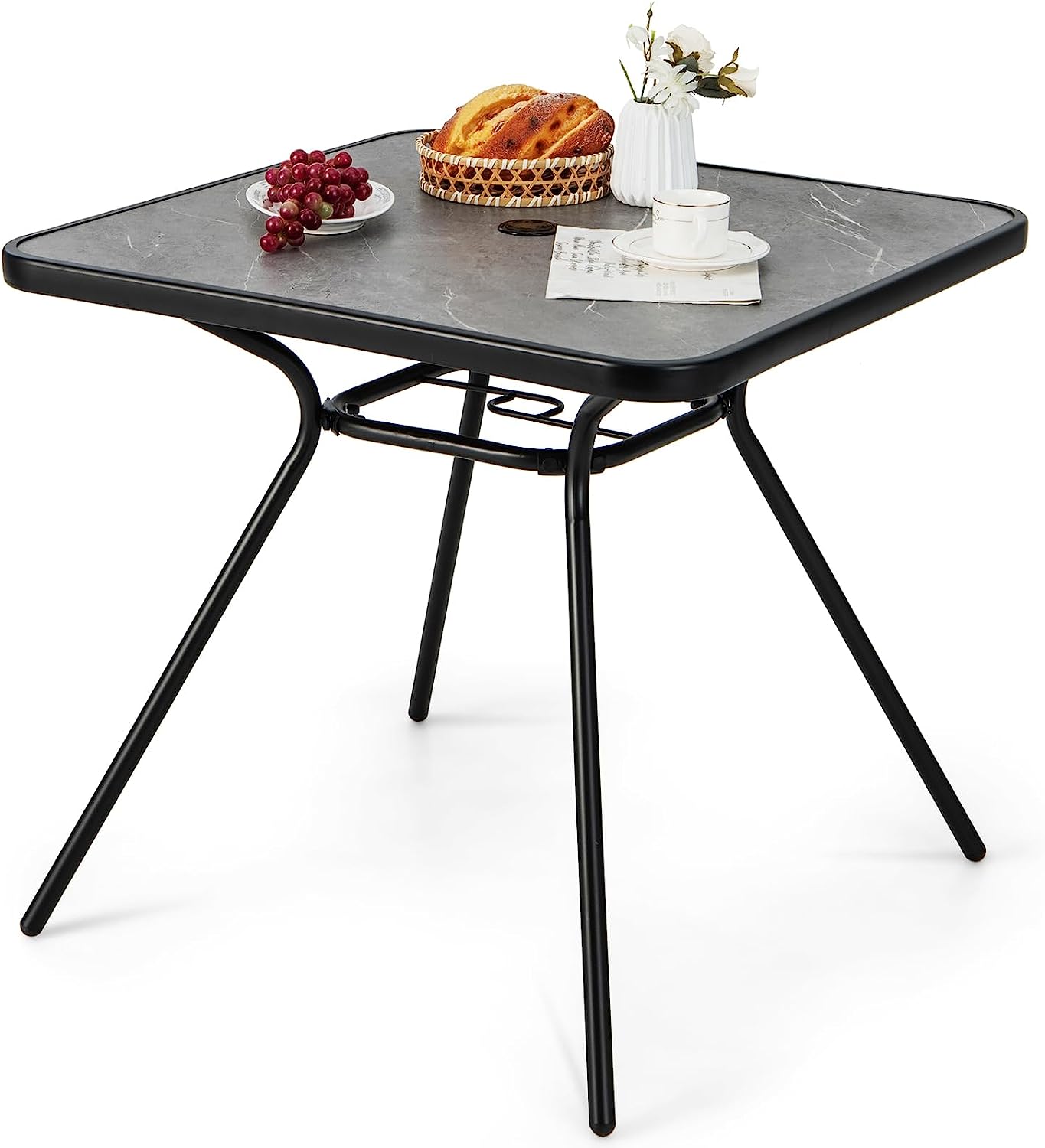 Stół ogrodowy z blatem ze sztucznego marmuru, stół tarasowy z otworem na parasol, stół balkonowy dla 4 osób, taras, do ogrodu, 80 x 80 x 72,5 cm