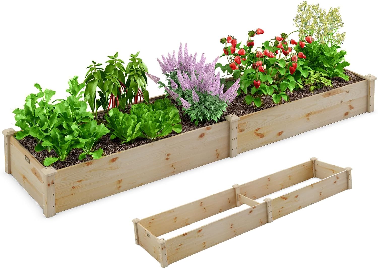 Kwadratowa Skrzynka Ogrodowa z Drewna Jodłowego, Podwyższona Grządka Ogrodowa bez Dna, Donica z 2 Pojemnikami, 240 x 60 x 25 cm, Naturalna
