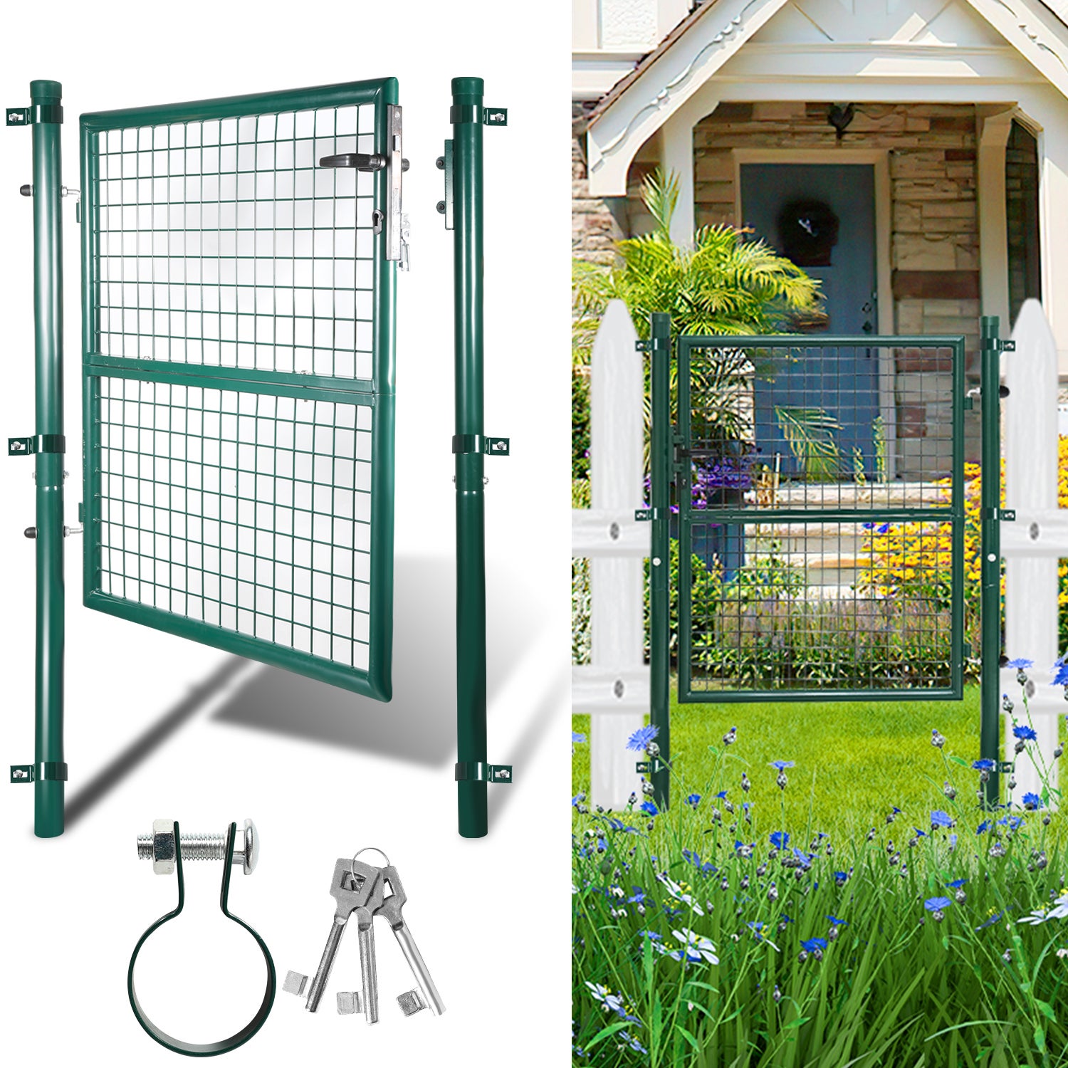 Portail de jardin en acier galvanisé avec serrure, poignée et clé, 100 x 100 cm, vert. - 7