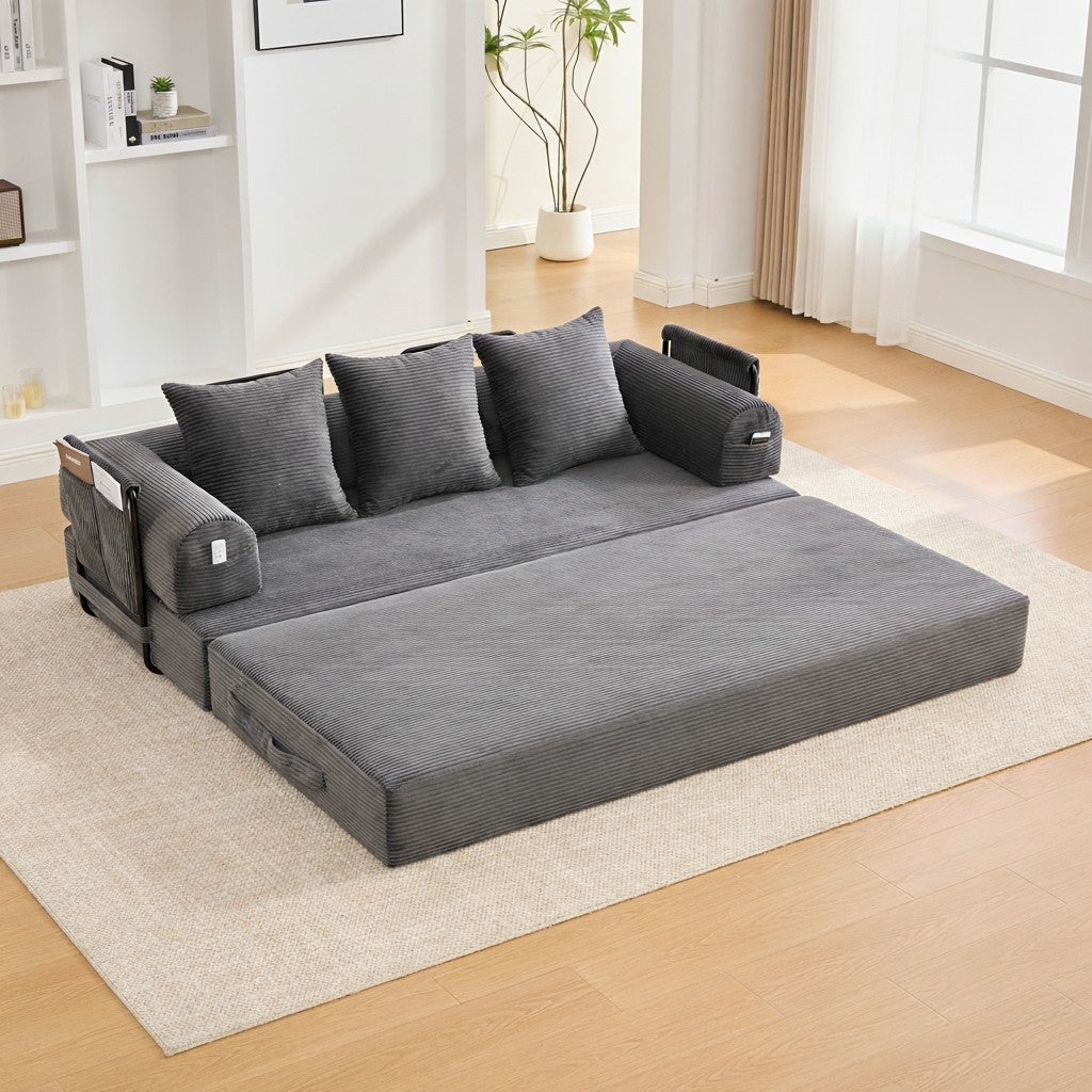 Canapé Modulaire Convertible Velours Côtelé Gris Foncé - Cadre Métal, 3 Coussins. Lit Salon Design Moderne 200cm - 6