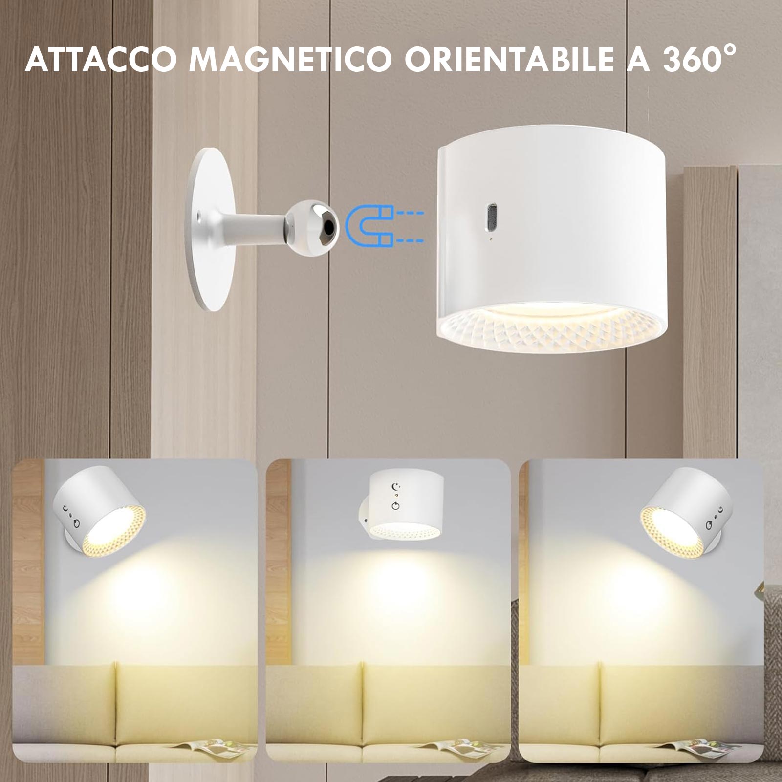 2 Applique LED Da Parete Ricaricabili Hapfish - Sensore Movimento, 3000mAh, Telecomando, 360° Regolabili, Per Interni/Esterni - Foto 2