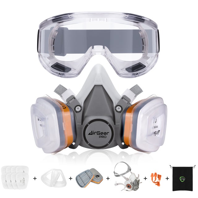 AirGearPro G-500 Masque de Protection Respiratoire Réutilisable, Anti poussière, Anti gaz avec Filtres et Lunettes de Protection Idéal Peinture