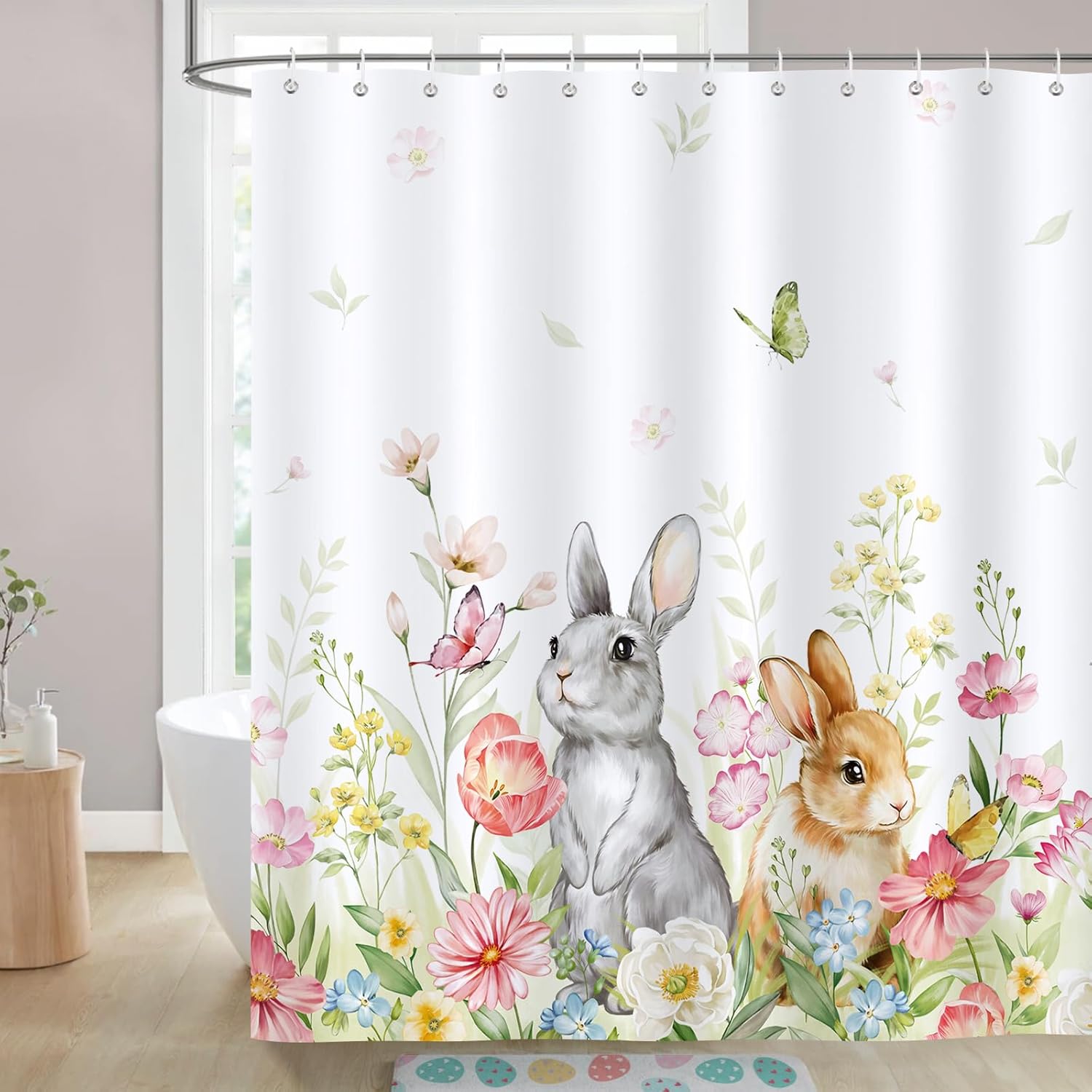 Tenda Da Doccia Pasquale 180x180cm - Con Coniglietti, Uova E Fiori, Impermeabile E Lavabile - Foto 5