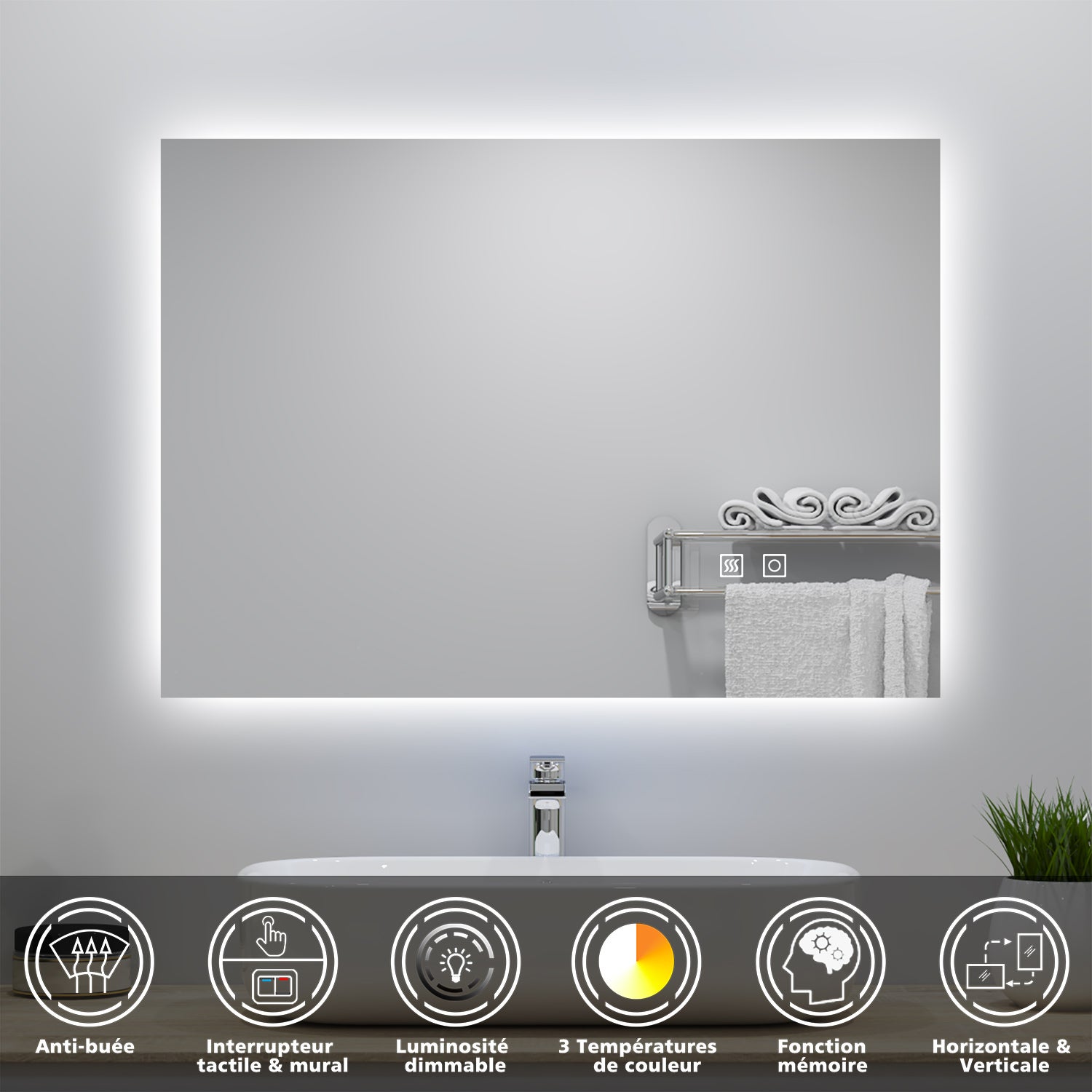 Miroir lumineux 70x50cm avec Anti-buée + 3 Couleurs + Dimmable, Mural Miroir salle de bain - 2
