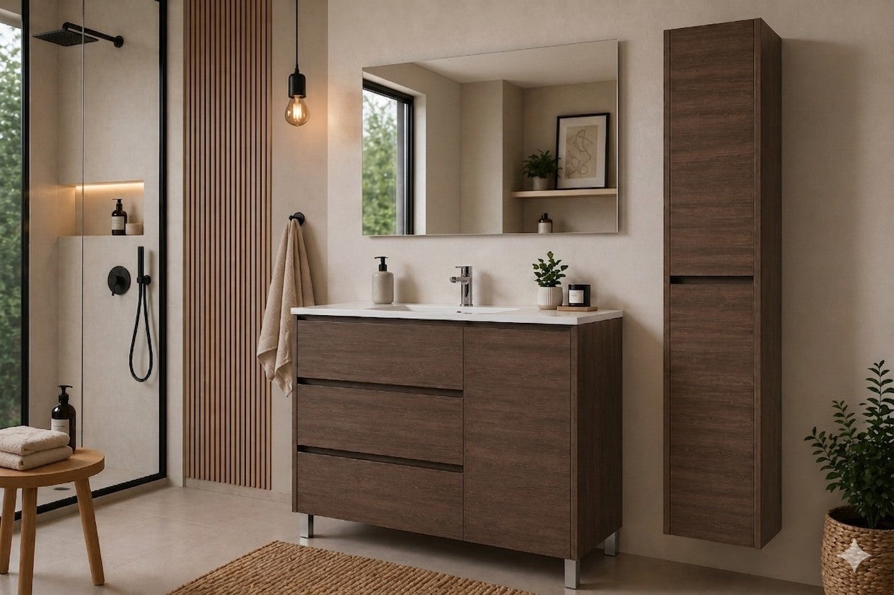 Set mobilier de baie VOLUM 3 sertare și ușă, lavoar și oglindă Frasin Tea 90x45 cm cu dulap coloană