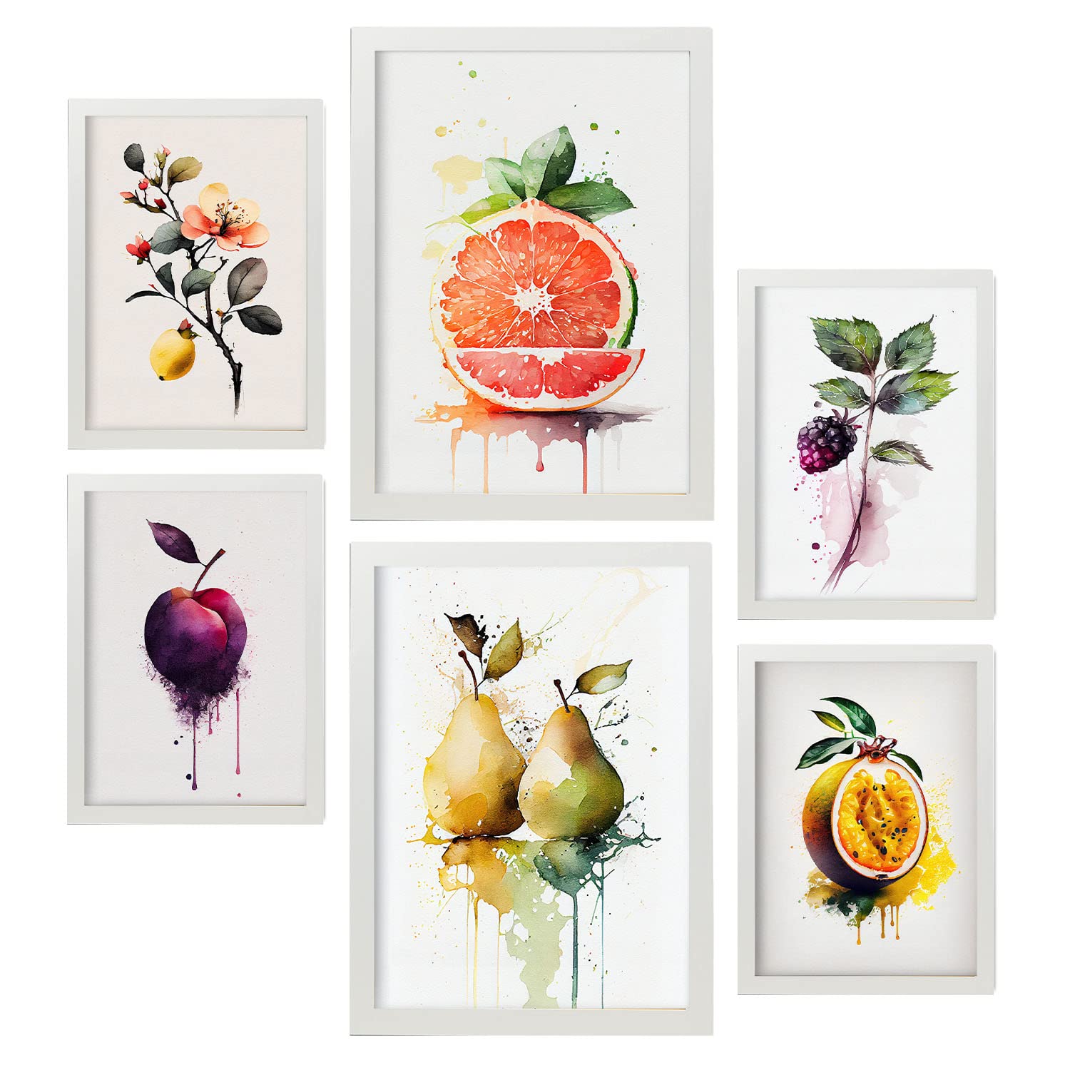 Nacnic posters de frutas jugosas ilustraciones de frutas verduras y alimentos saludables estilo acuarela en fondo blanco a4 & a3 marcos blanco