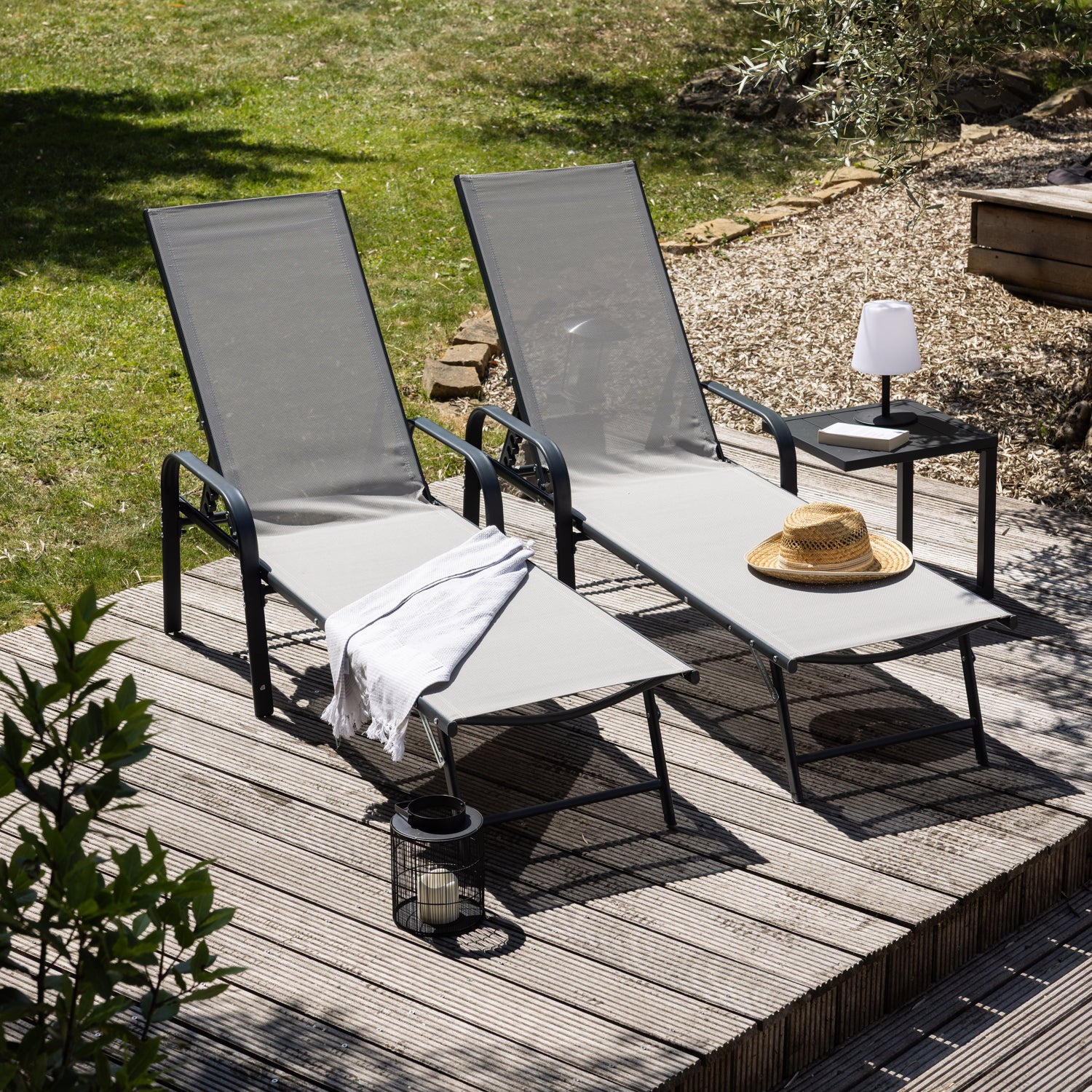 Lot de 2 bains de soleil gris et gris anthracite textilène et acier SARDINIA - 9