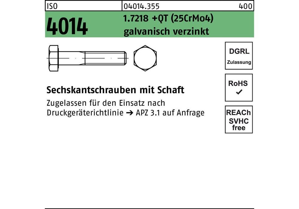 Vis Hexagonale Reyher ISO 4014 Avec Partie Lisse - M20 X 200mm, Acier A4, Fabriquée En Allemagne