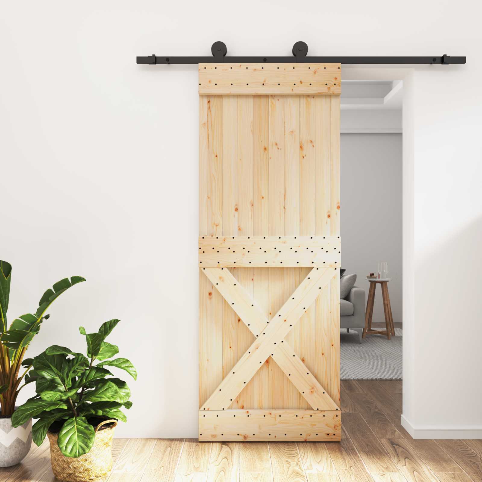 Porte coulissante avec kit de rail - Bois de pin massif - Naturel et ...