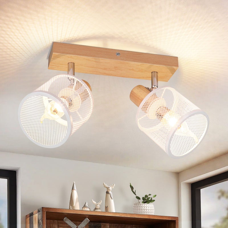 NETTLIFE Lampa sufitowa z 2 białymi Reflektorowaami, imitacja drewna - E14, lampa sufitowa regulowana o 350°, 4 żarówki, maks. 25 W