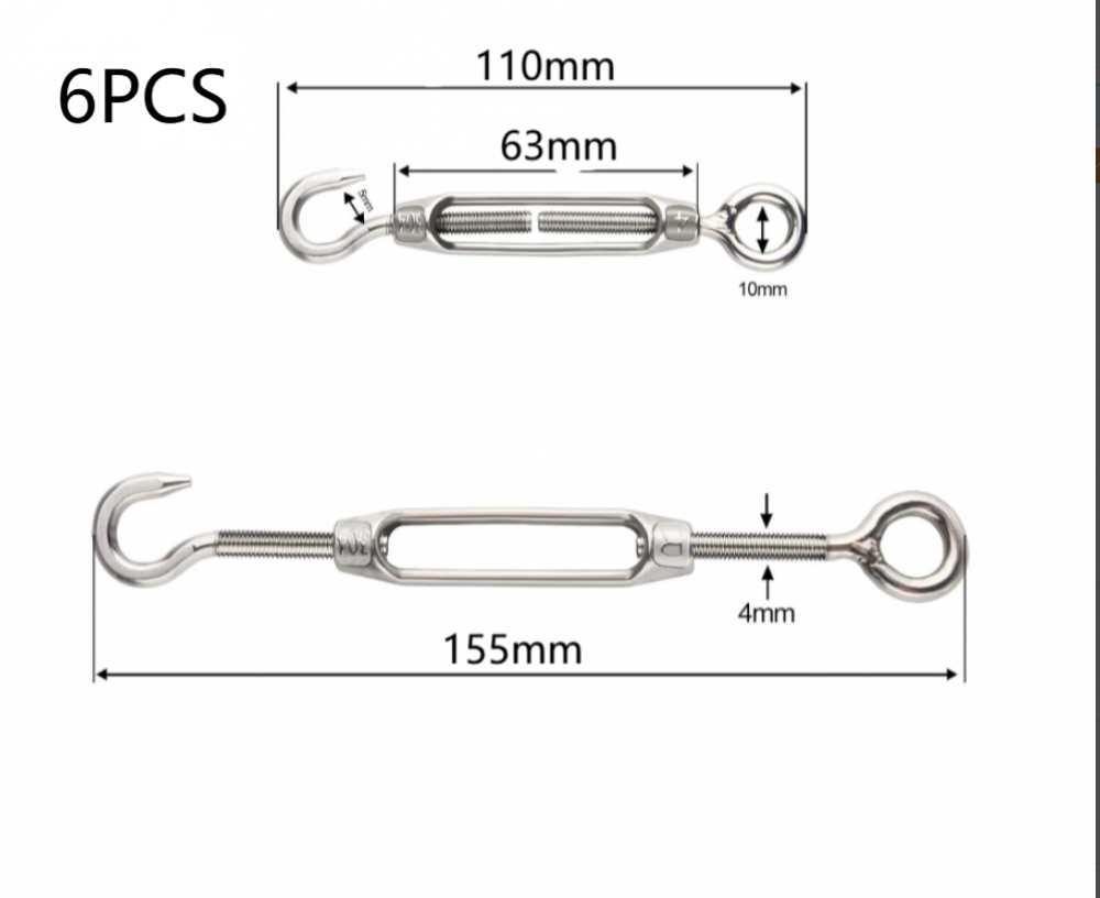6 Tenditori M4 In Acciaio Inox 304 Con Gancio E Occhiello – Tensore Per Cavi, Vele Da Ombreggiamento E Recinzioni – Portata 25kg
