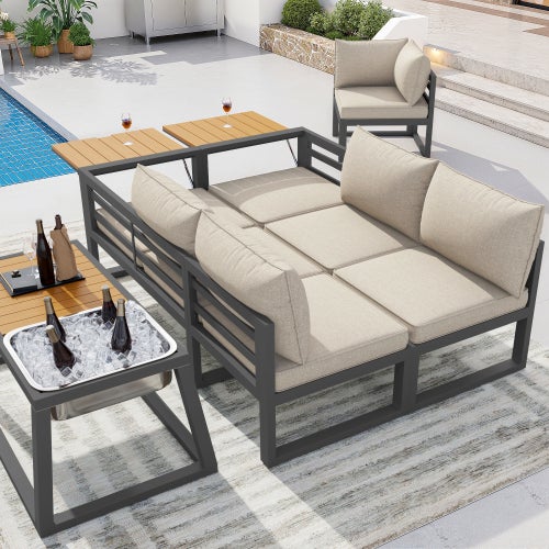 Sofá modular exterior ferro cinza, encostos/braços reclináveis, balde gelo, almofadas 10cm, jardim/varanda/piscina - 6