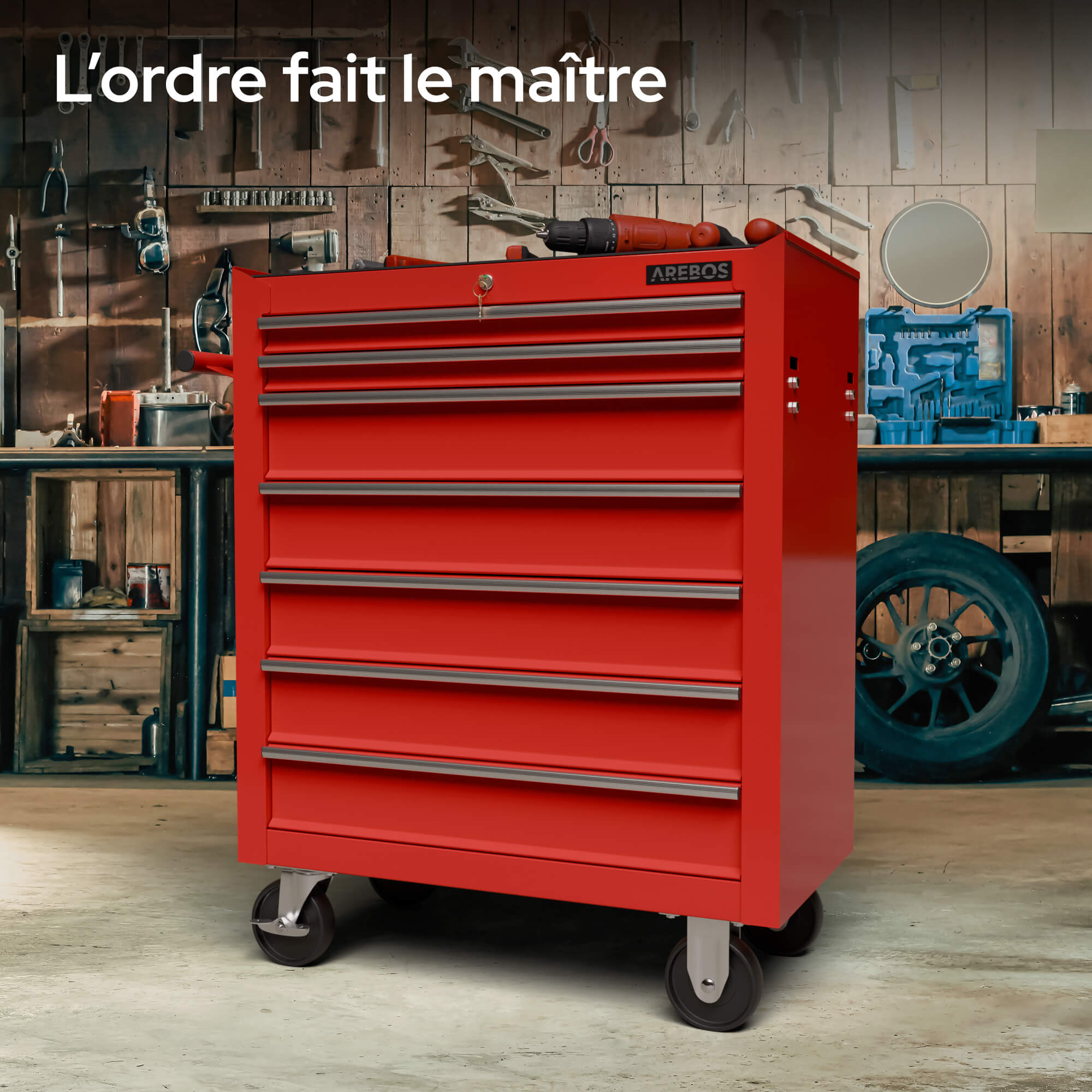 AREBOS Servantes d'atelier 7 Compartiments Fermeture centralisée Tapis antidérapants Inclus tiroirs sur roulements à Billes Roues avec Frein Rouge - 5