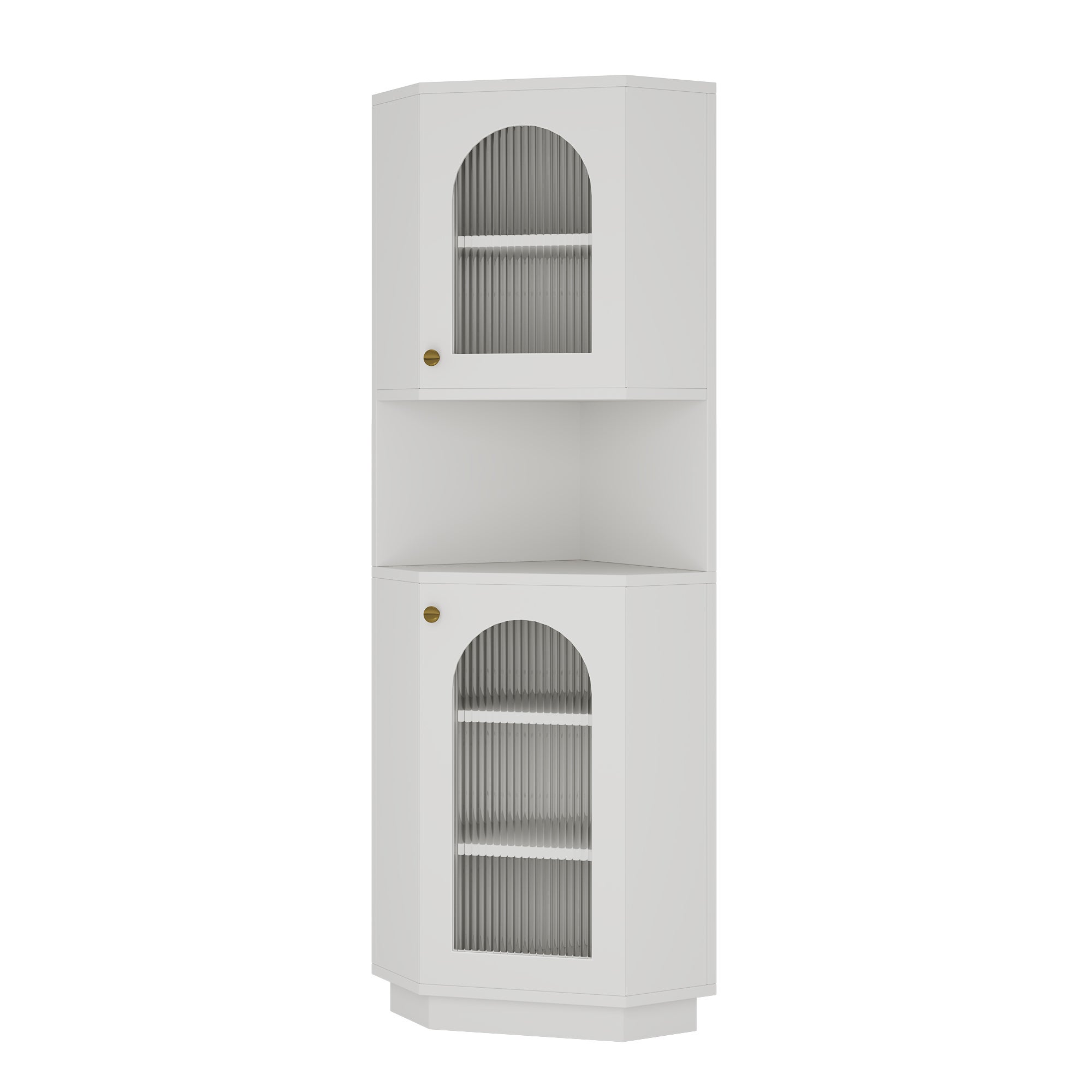 Narożna szafka łazienkowa z 2 drzwiami i 1 wnęką - 45 x 45 x 166,5 cm - Diody LED - Płyta MDF - Regulowane półki - Biała - 5