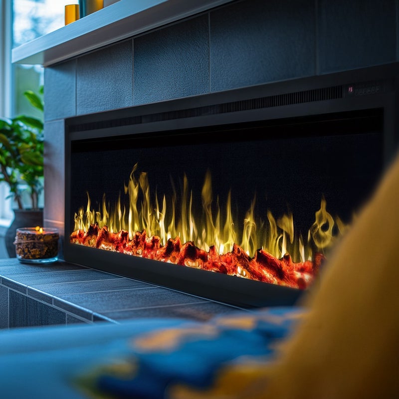 Kominek elektryczny AFLAMO Royal 60 - ogień premium - na ścianę i do zabudowy - 152x43x15 cm - dekoracyjny kominek LED z grzaniem 750/1500 W