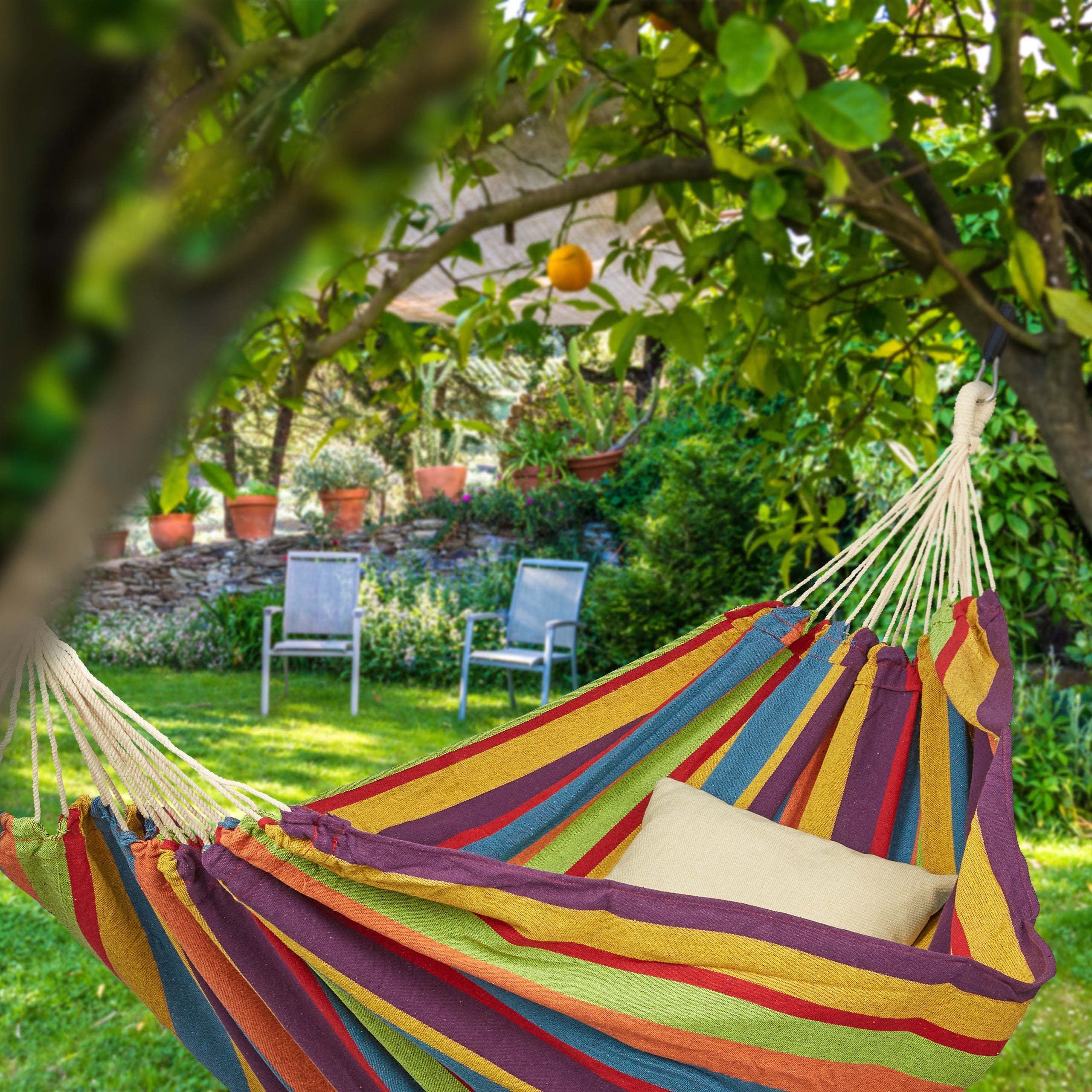 Hamac 300kg, 2 pers., Jardin Extérieur, Suspendu, Intérieur, Coton, Transportable, 150x272 cm, multicolore, Relaxdays - 2
