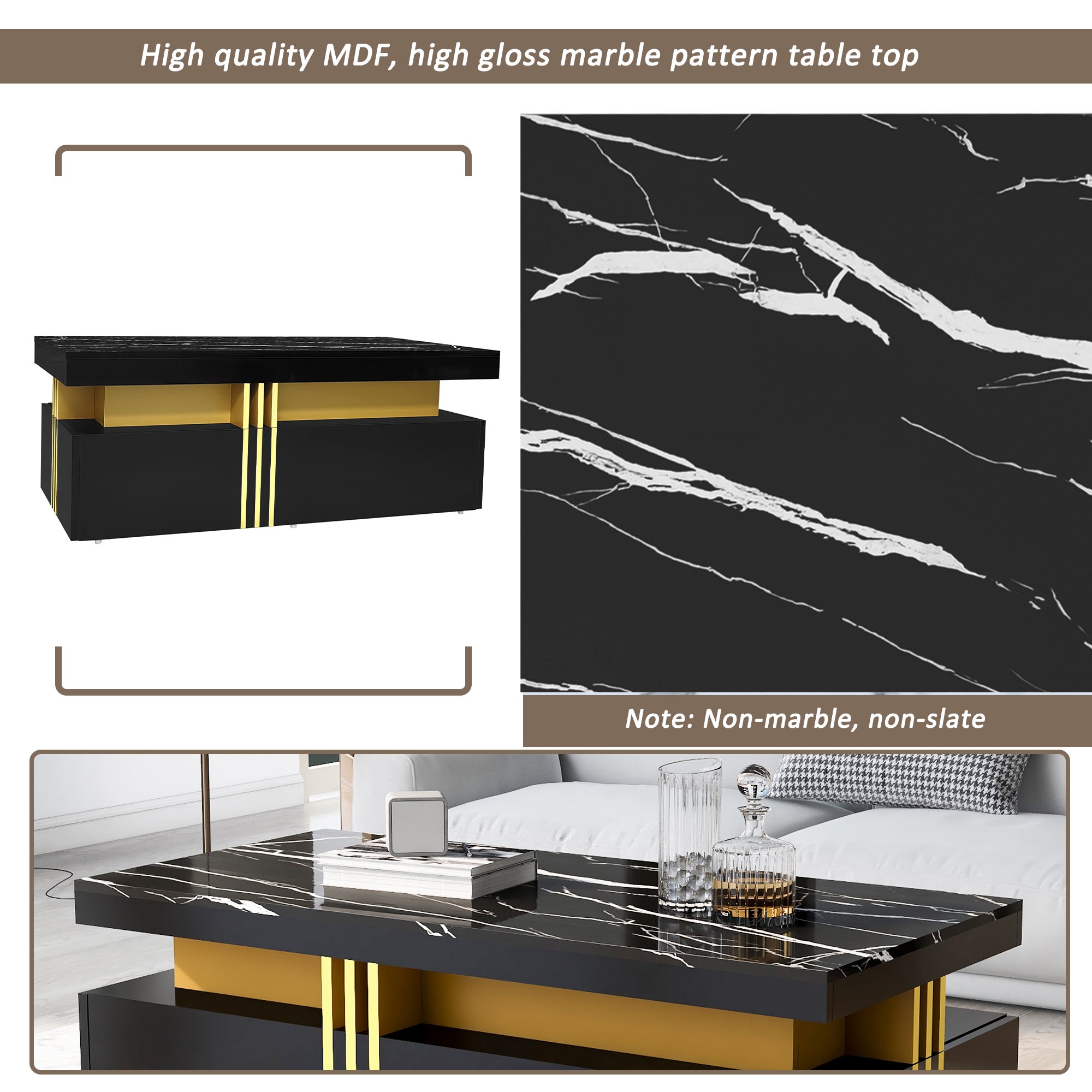 Table basse rectangulaire moderne avec plateau à motif PVC et 2 tiroirs en bois, table de salon, 100 x 50 x 40 cm - 7