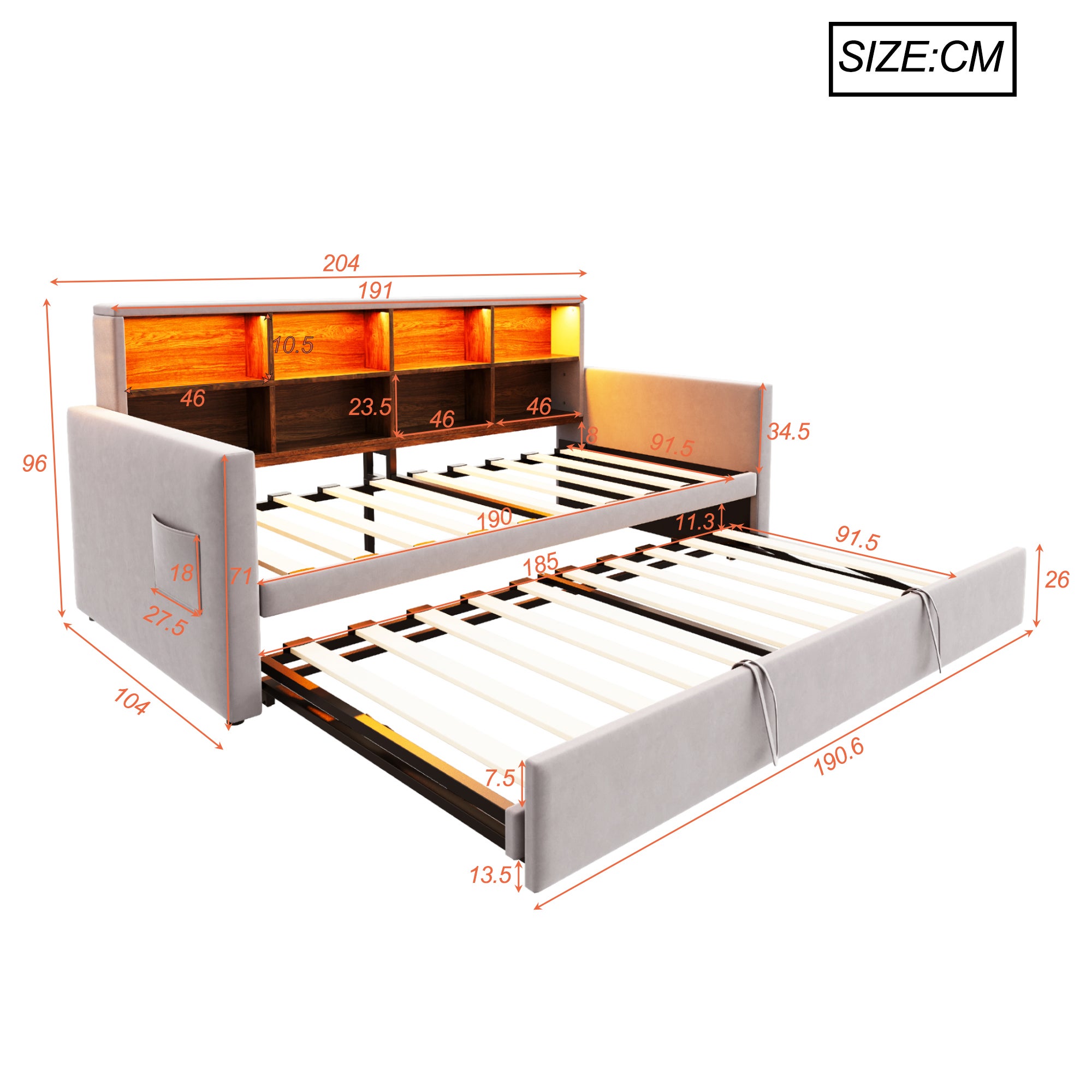 Rozkładana sofa z poduszkami 90x190cm - z oświetleniem LED - z gniazdem ładowania - z wysuwane łóżko - tkanina welurowa - Jasnoszary - 5