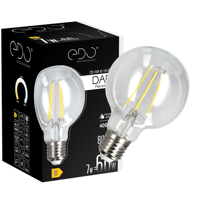 Ampoule décorative Dari LED Filament 7W E27 4000K 806lm 230V CLAIRE G80 EDO777632 EDO Solutions