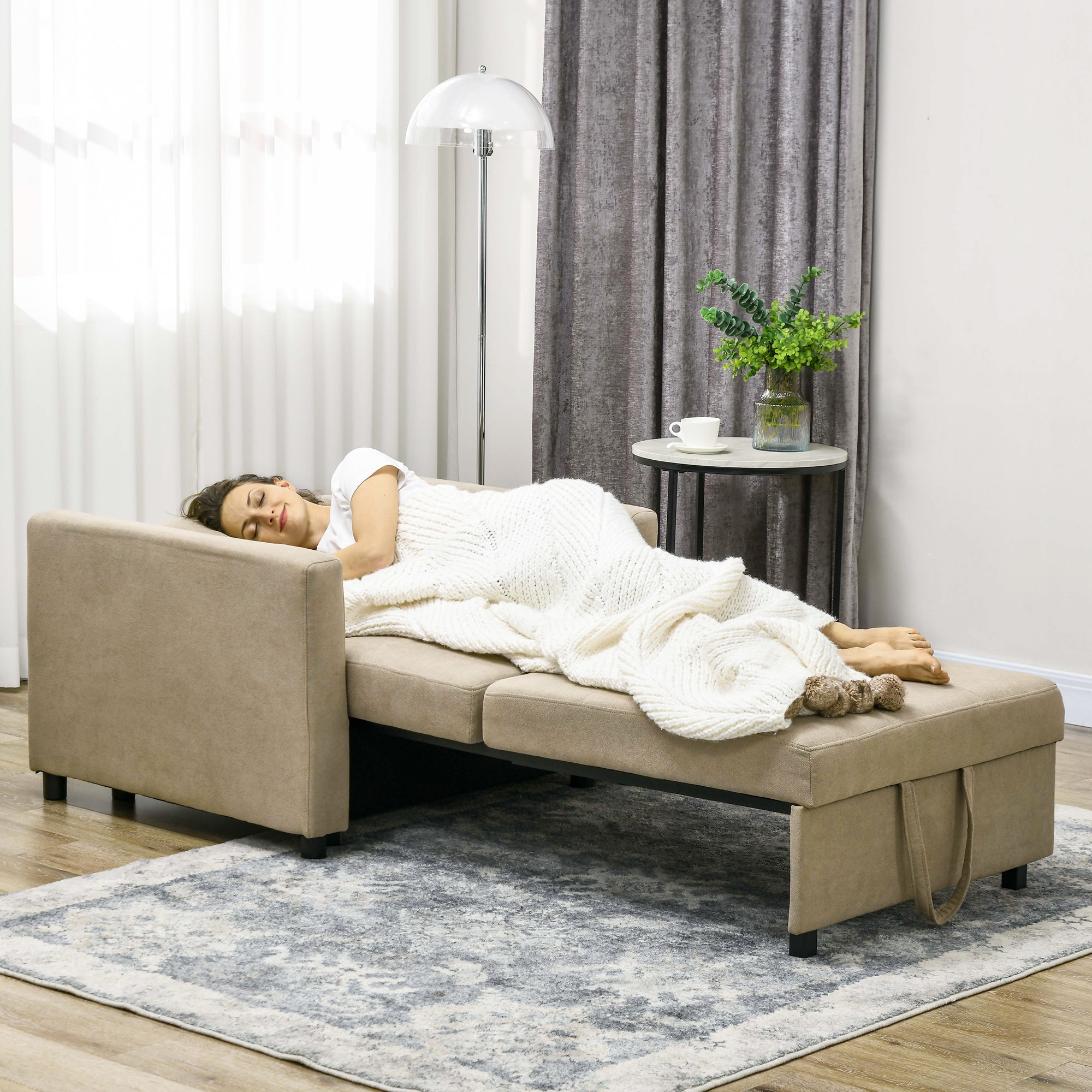 HOMCOM Poltrona Letto in Tessuto Effetto Velluto Marrone Chiaro