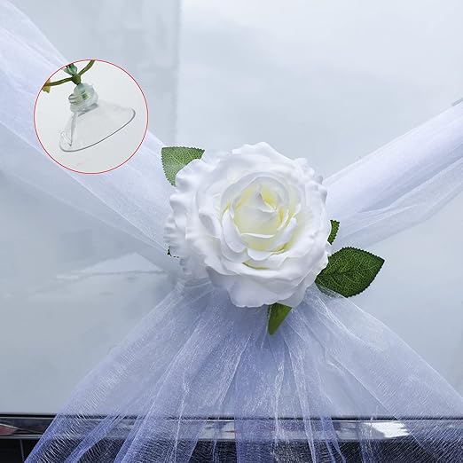 Décoration Voiture Mariage, Kit de décoration de Voiture de Mariage, Fleurs artificielles Blanches et Ruban Blanc pour Voiture de Mariage - 3