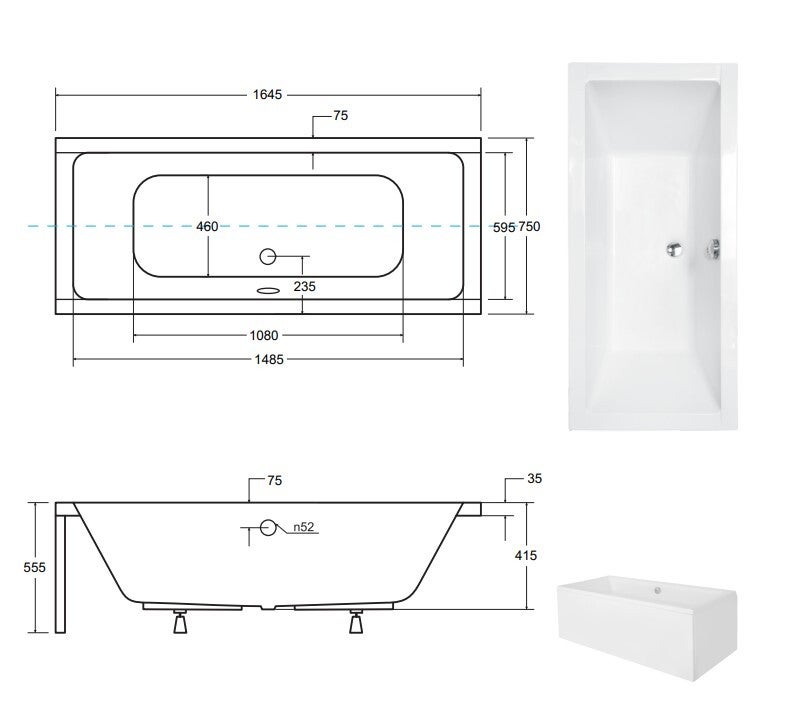 Baignoire rectangulaire blanc - avec Tablier - Repose Tête OFFERT - QUADRO - 165x75 - 4
