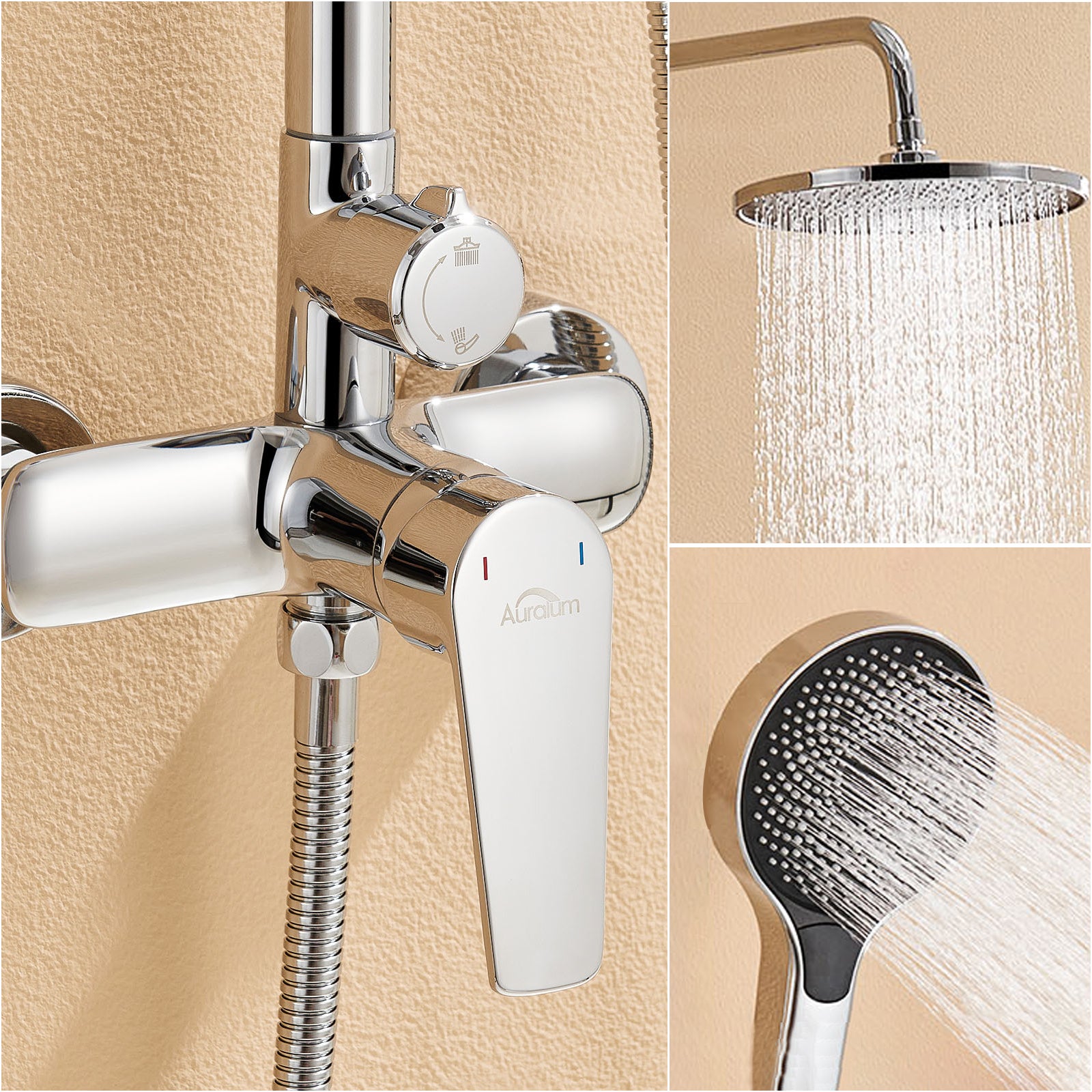 Colonne de Douche Mécanique Chromé,Ensemble Douche Ronde,Tête Douche10 Pouces,Douchette avec 3 Jets D'eau,Hauteur Réglable103-139 cm,EU Modèle - 8