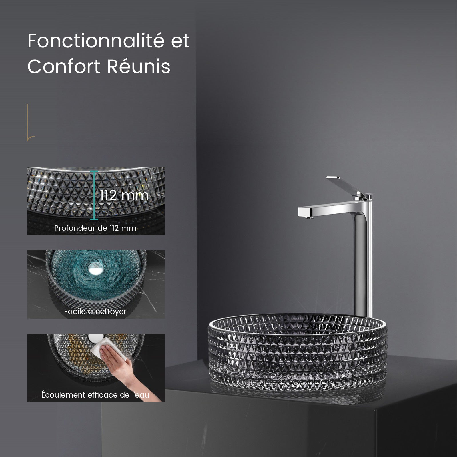 EMKE Vasque à Poser en Verre rond 36 x 36 x 11,2 cm - Noir - 3