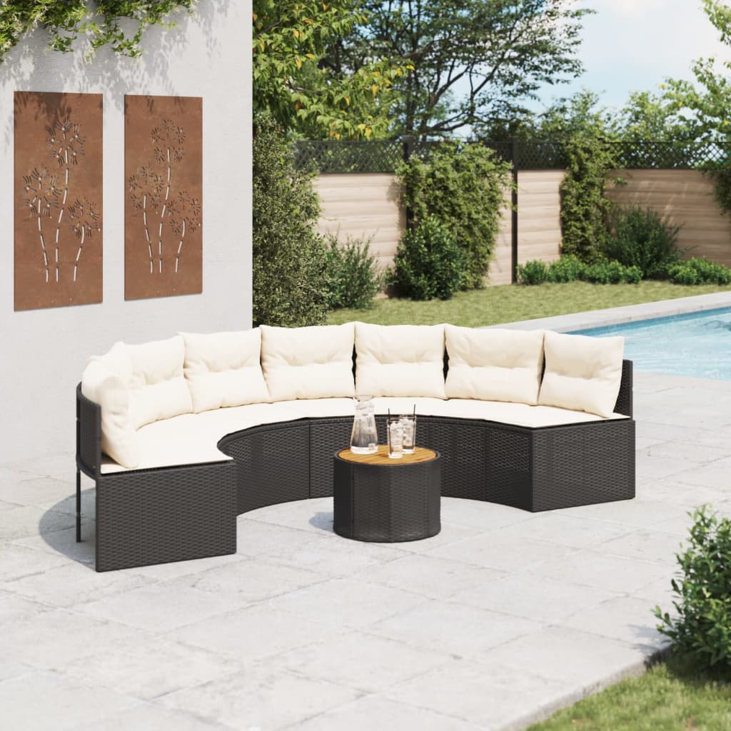 Sofa ogrodowa, stolik i poduszki, półokrągła, czarny rattan PE vidaXL