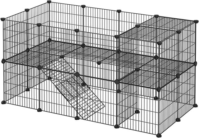 SONGMICS Clôture pour Animaux Domestiques, 2 Niveaux, Enclos Modulable, pour Petits Animaux, Hamsters, Lapins, Cochon d’Inde, 143 x 73 x 71 cm, Noir