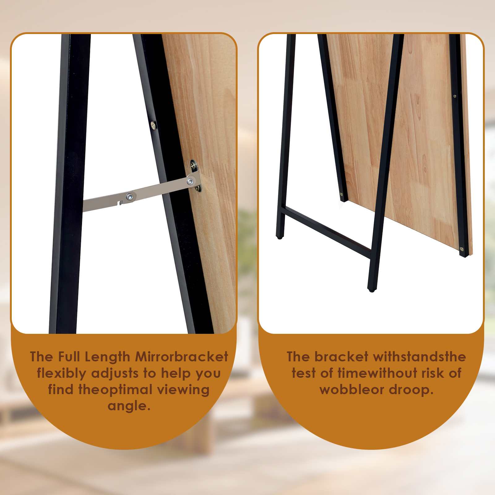 Specchio da terra, specchio quadrato a figura intera in rovere, cornice in legno, specchio da camera da letto 160*50cm con supporto - 7