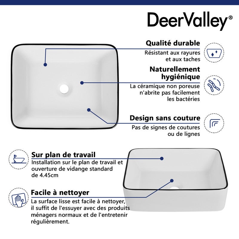 Vasque à poser céramique blanche avec bordure noire, 47,5 x 37,5 x 13 cm, design moderne, parfaite pour salle de bain,DeerValley - 4